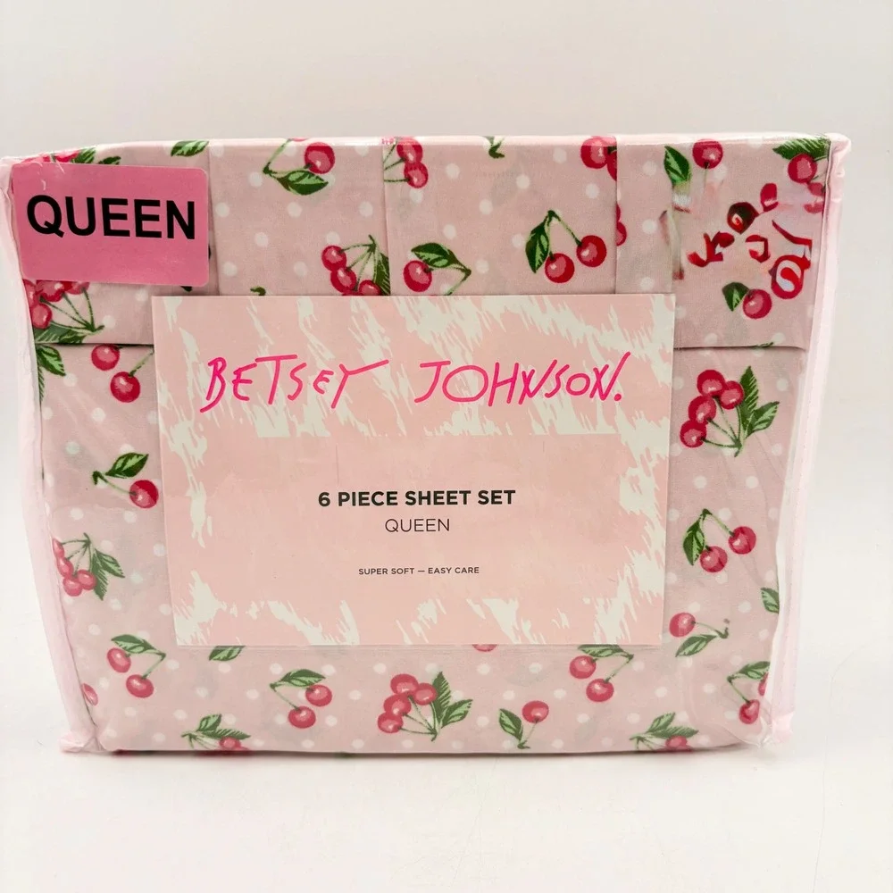Betsey Johnson Queen Sheet Set 6 Piece Pink Cherry‎ Dots Polka Dot Print